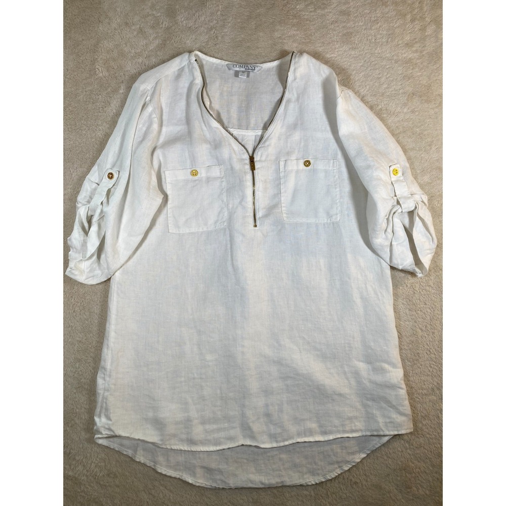 Ellen Tracy Company Top Women's M White 100% Linen Tab Sleeves Tunic Pockets